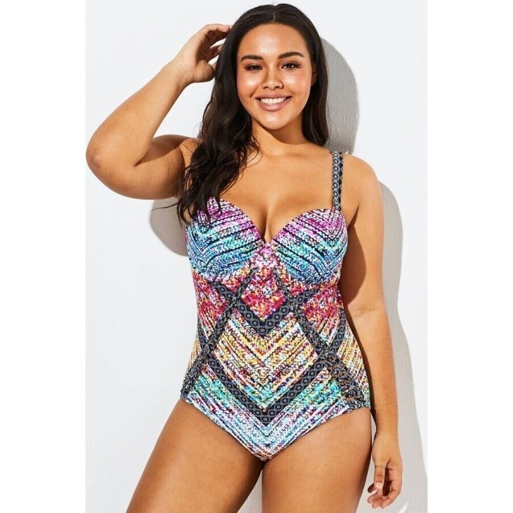 Meet Curve Multicolored Plunge Underwire Molded Cups One Piece Swimsuit 4X 4XL